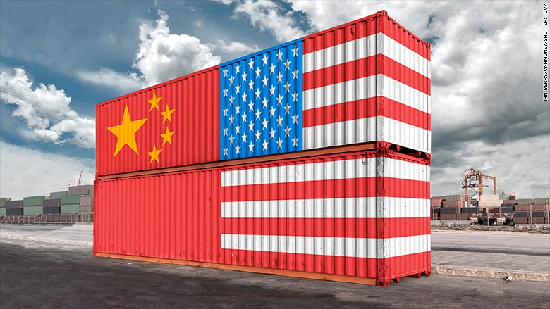 Import containers with the US and Chinese Flags showing the escalating tariffs by the US on Chinese goods